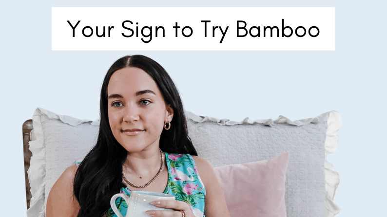 5 Reasons to Try Bamboo Pajamas (The Ultimate Solution for Hot Sleepers) with a woman holding a cup on a bed.