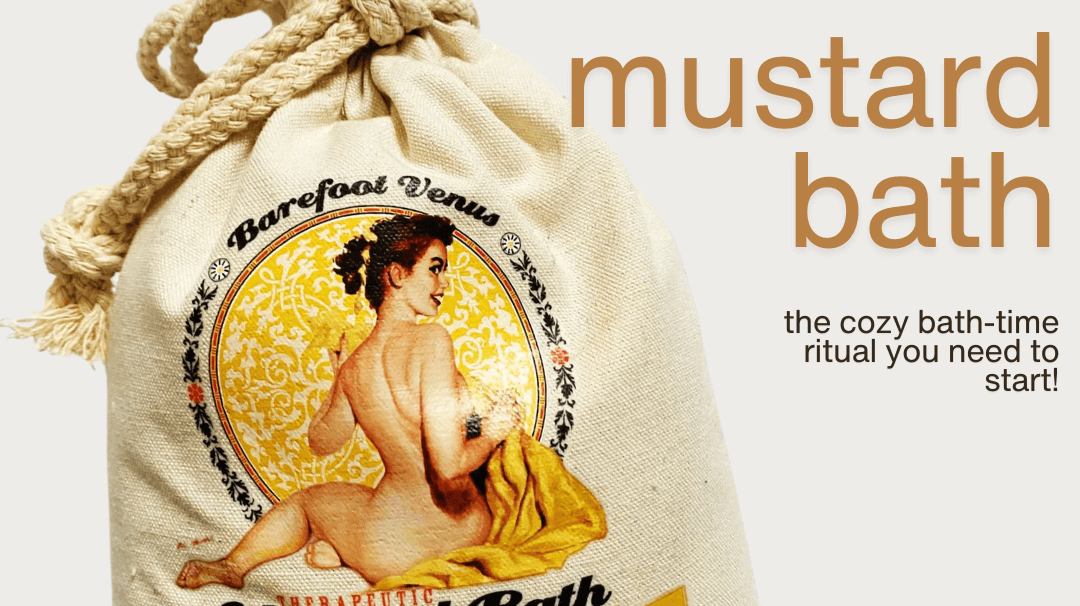 Mustard bath product bag featuring a cozy design and the words 'must have mustard bath' for relaxation.