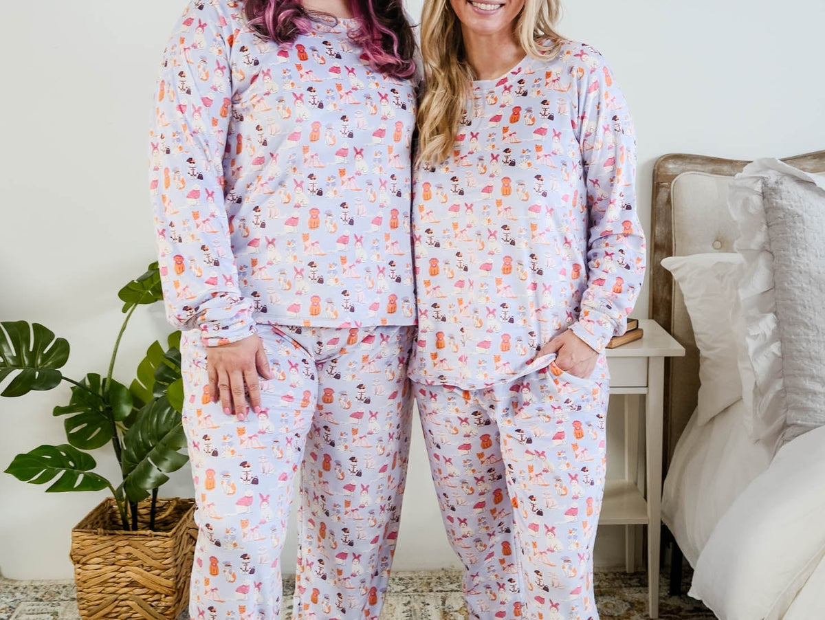 Miranda Nic purple velour Catwalk Kitties cat print pajama set on model — Cloud Nine Pajamas Edmonton