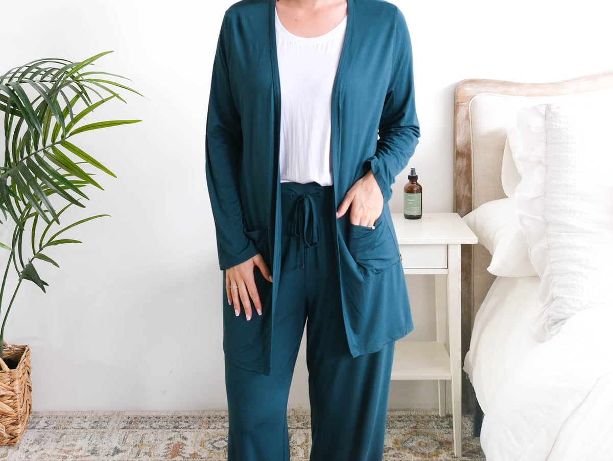 Georgia Rylan Midnight Teal long bamboo cardigan with pockets on model — Cloud Nine Pajamas Edmonton