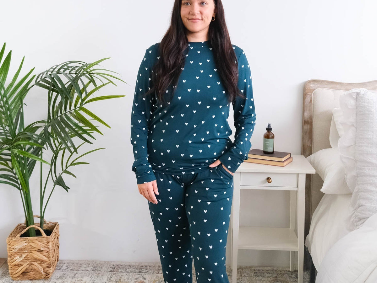 Georgia Rylan Sweetheart Slumber long sleeve jogger bamboo pajama set on model — Cloud Nine Pajamas Edmonton