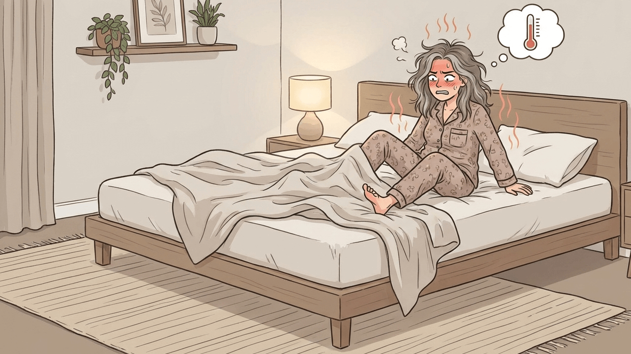 A woman experiencing hot flashes in bed, illustrating the 3:00 AM 'Internal Furnace': Why Bamboo is a Menopause Essential.