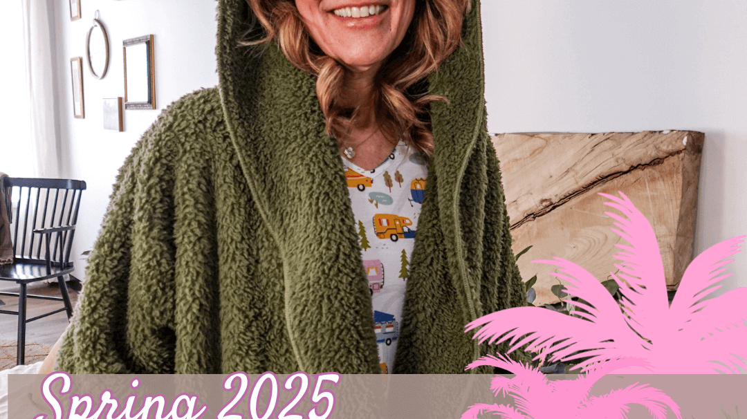 Woman in cozy green loungewear showcasing spring 2025 trends in pajamas and stylish comfort.