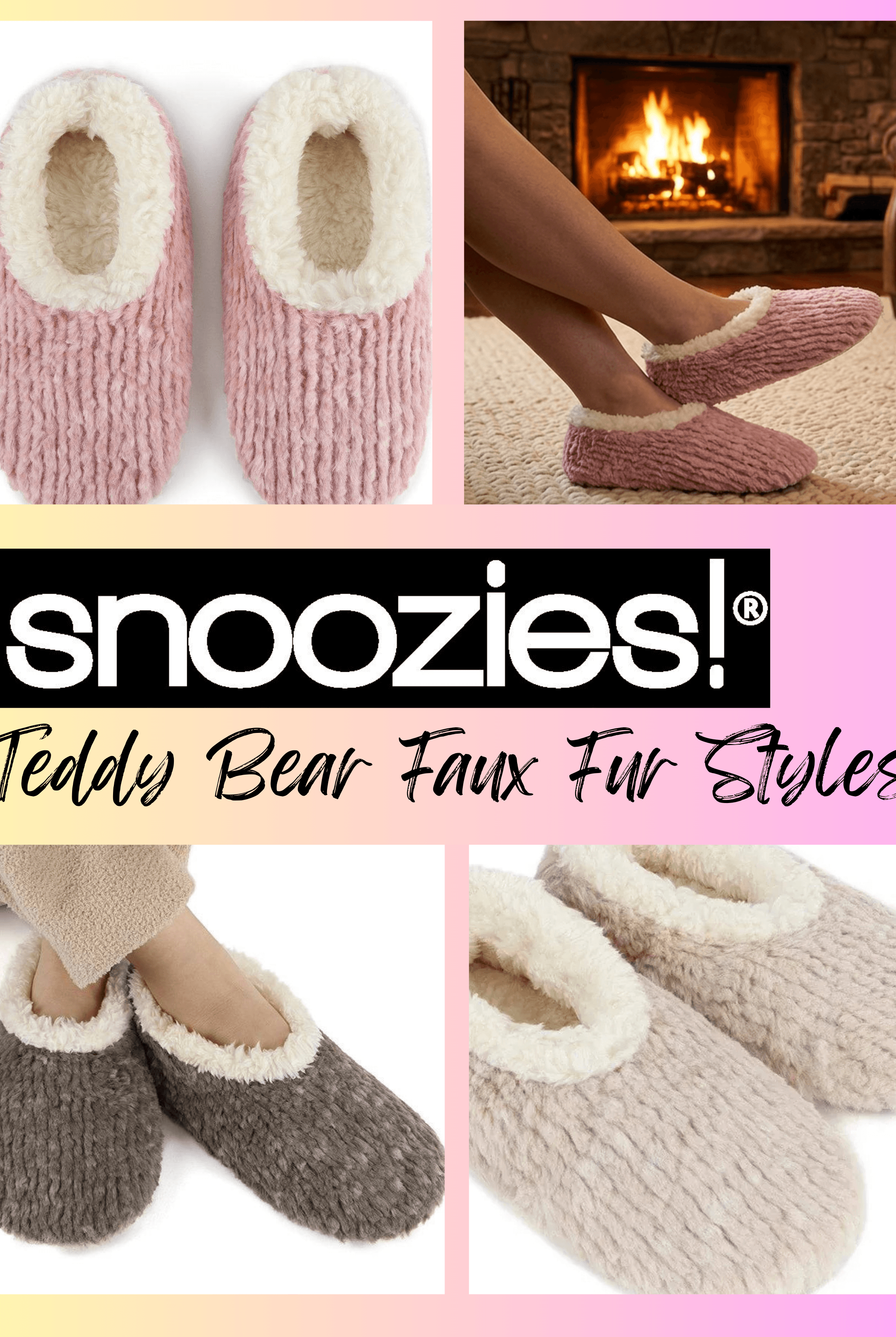 Snoozies Teddy Bear Faux Fur Slippers with Memory Foam Sole showcased in various colors and styles.