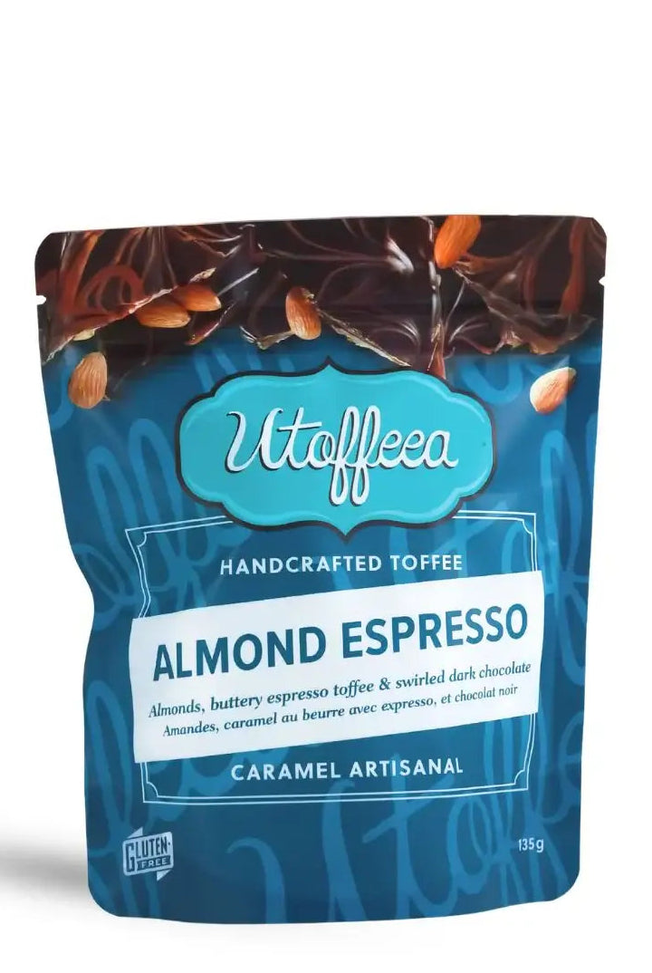 Utoffeea Almond Espresso flavour handcrafted toffee package on a white background