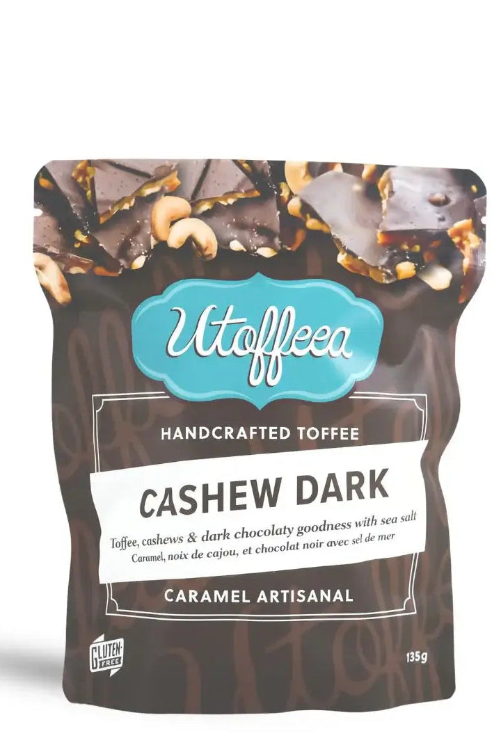 Utoffeea Cashew Dark Chocolate handcrafted toffee package on a white background