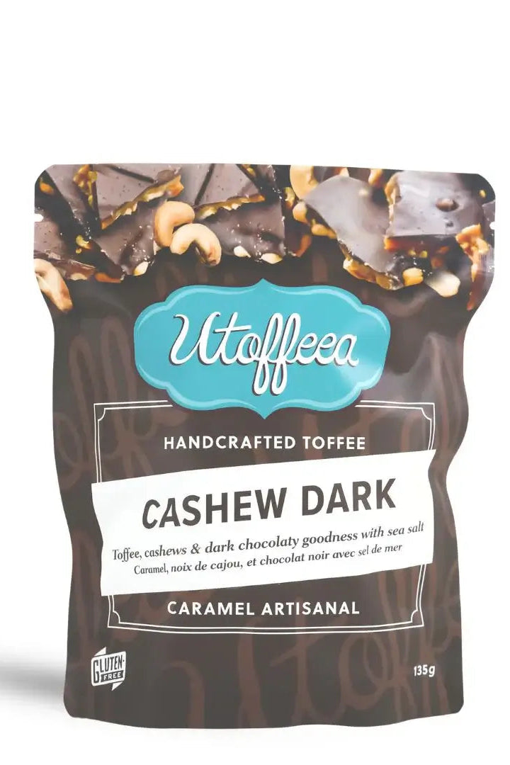 Utoffeea Cashew Dark Chocolate handcrafted toffee package on a white background
