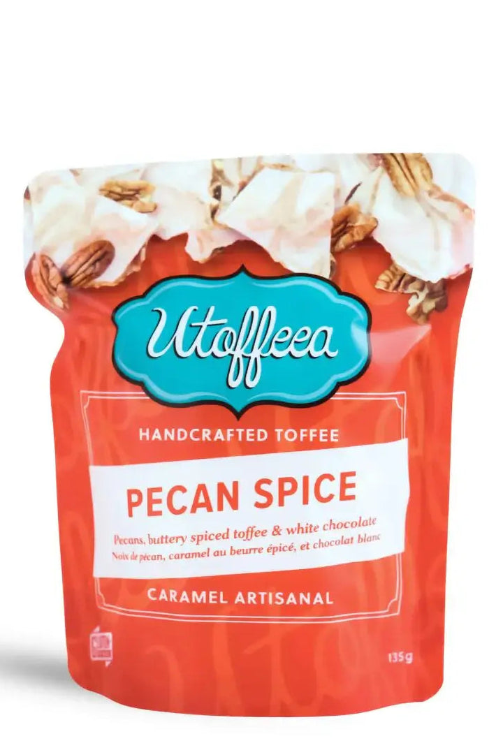 Utoffeea Pecan Spice handcrafted toffee package on a white background