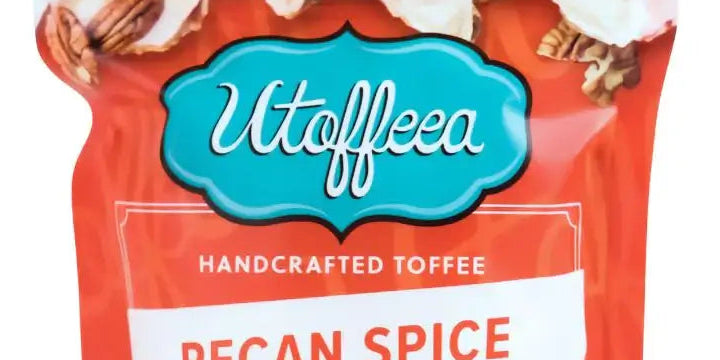Utoffeea Pecan Spice handcrafted toffee package on a white background