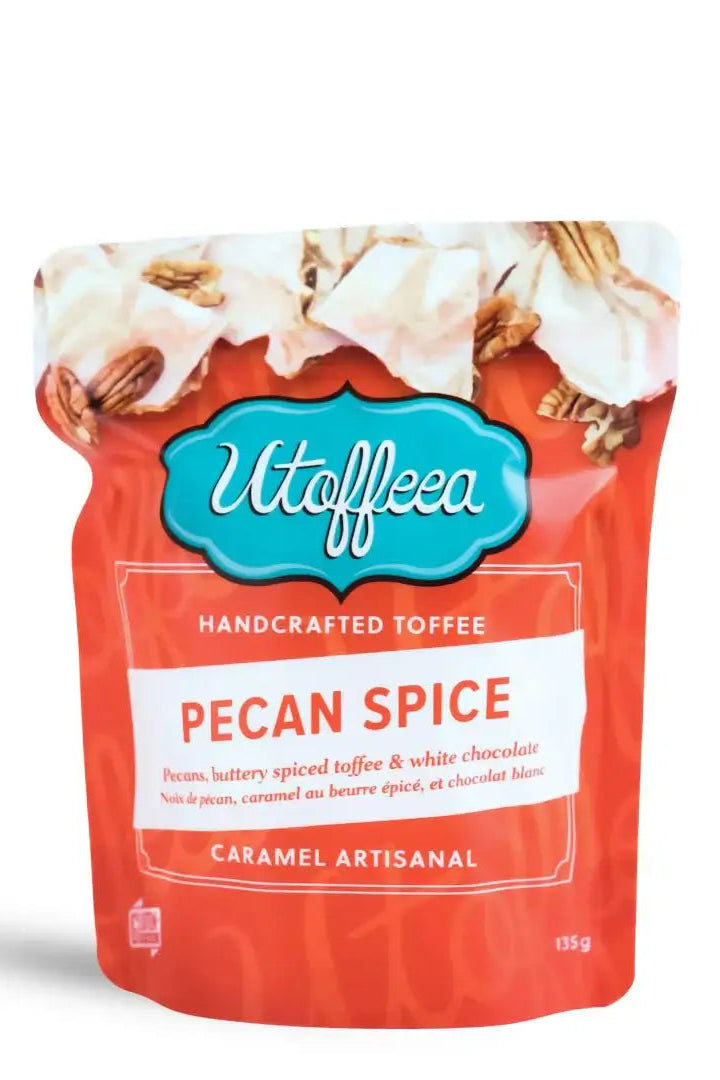 Utoffeea Pecan Spice handcrafted toffee package on a white background
