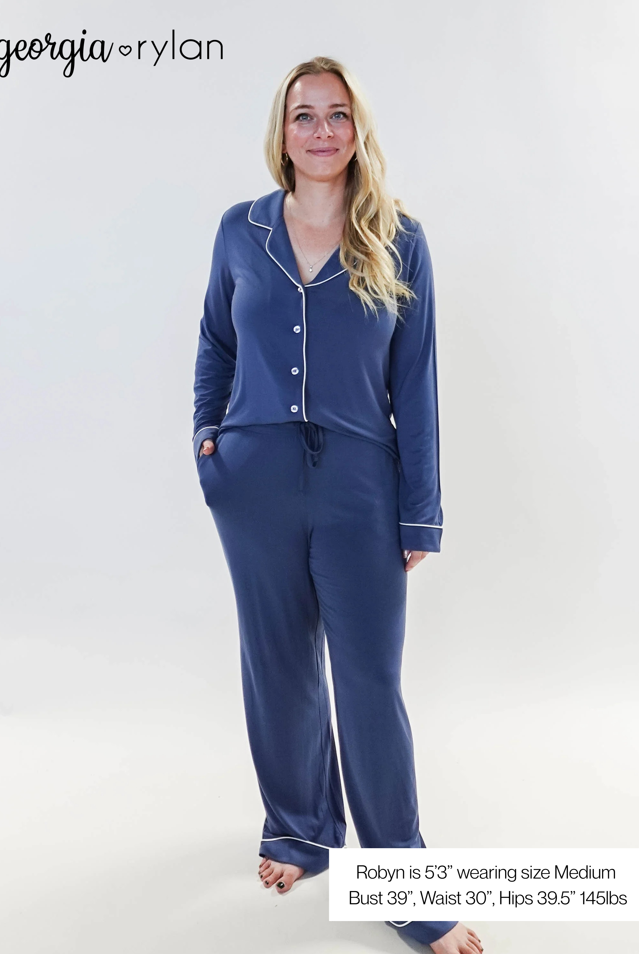 Denim Blue Long Sleeve Button Up Bamboo PJ Set - Model Robyn shows the full length of the set, and the picture shows her measurements and sizing