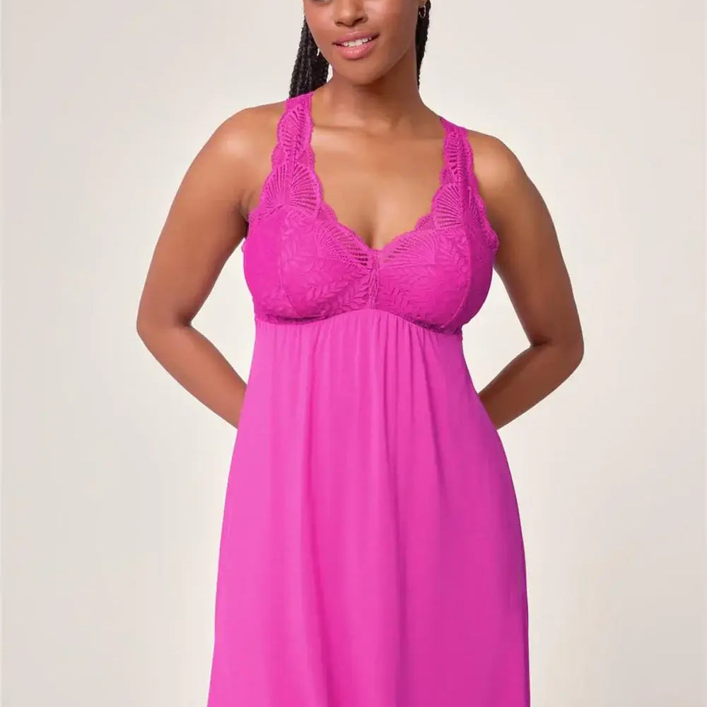 Fleurt by Montelle Belle Époque Full Chemise in Passion Fruit Pink. Shown on model against light background in a Full Length profile