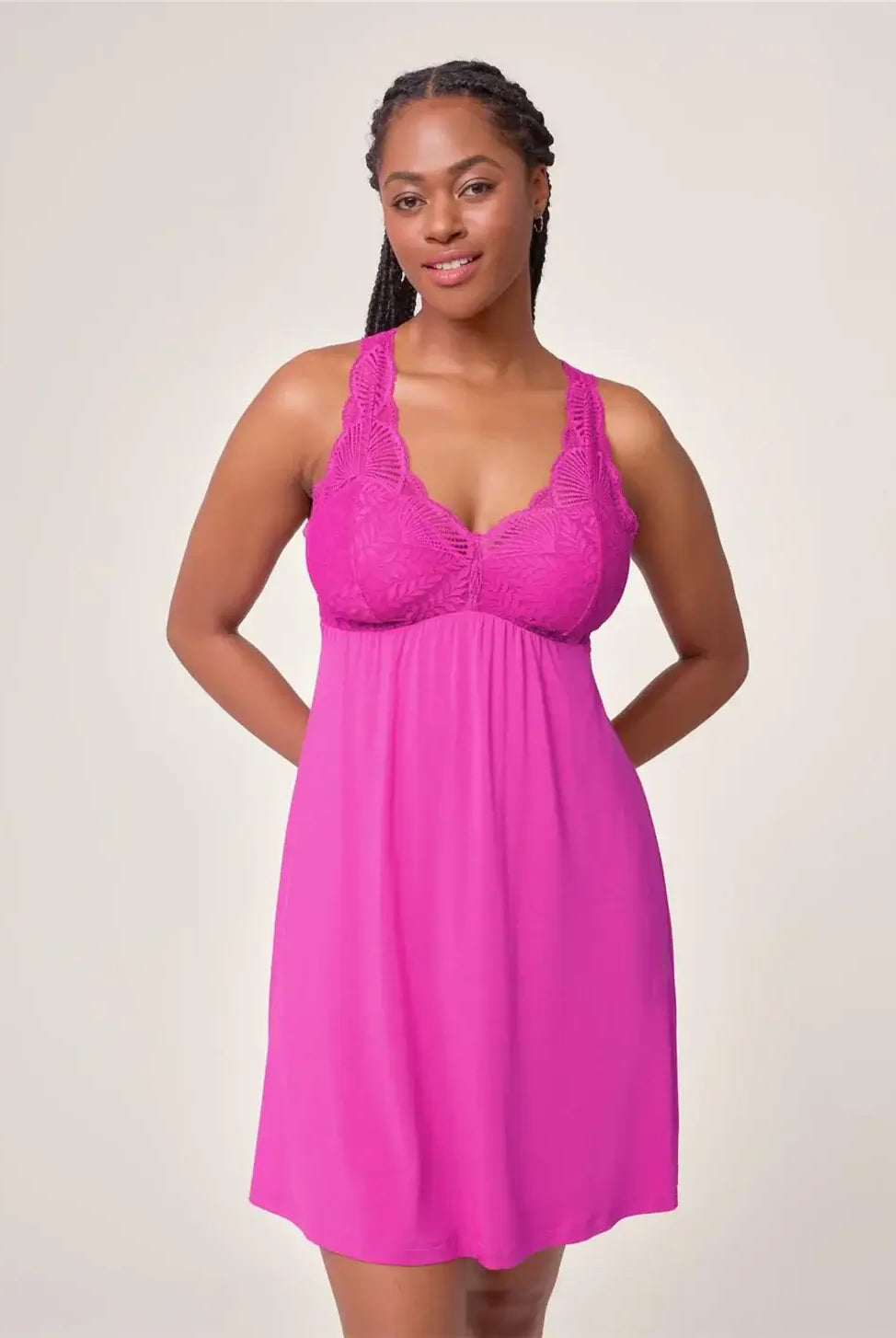 Fleurt by Montelle Belle Époque Full Chemise in Passion Fruit Pink. Shown on model against light background in a Full Length profile