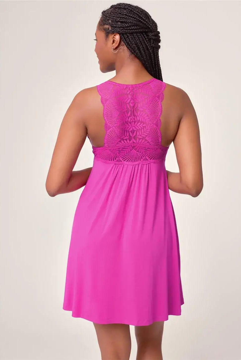 Fleurt by Montelle Belle Époque Full Chemise in Passion Fruit Pink. Shown on model against light background in a Back View profile