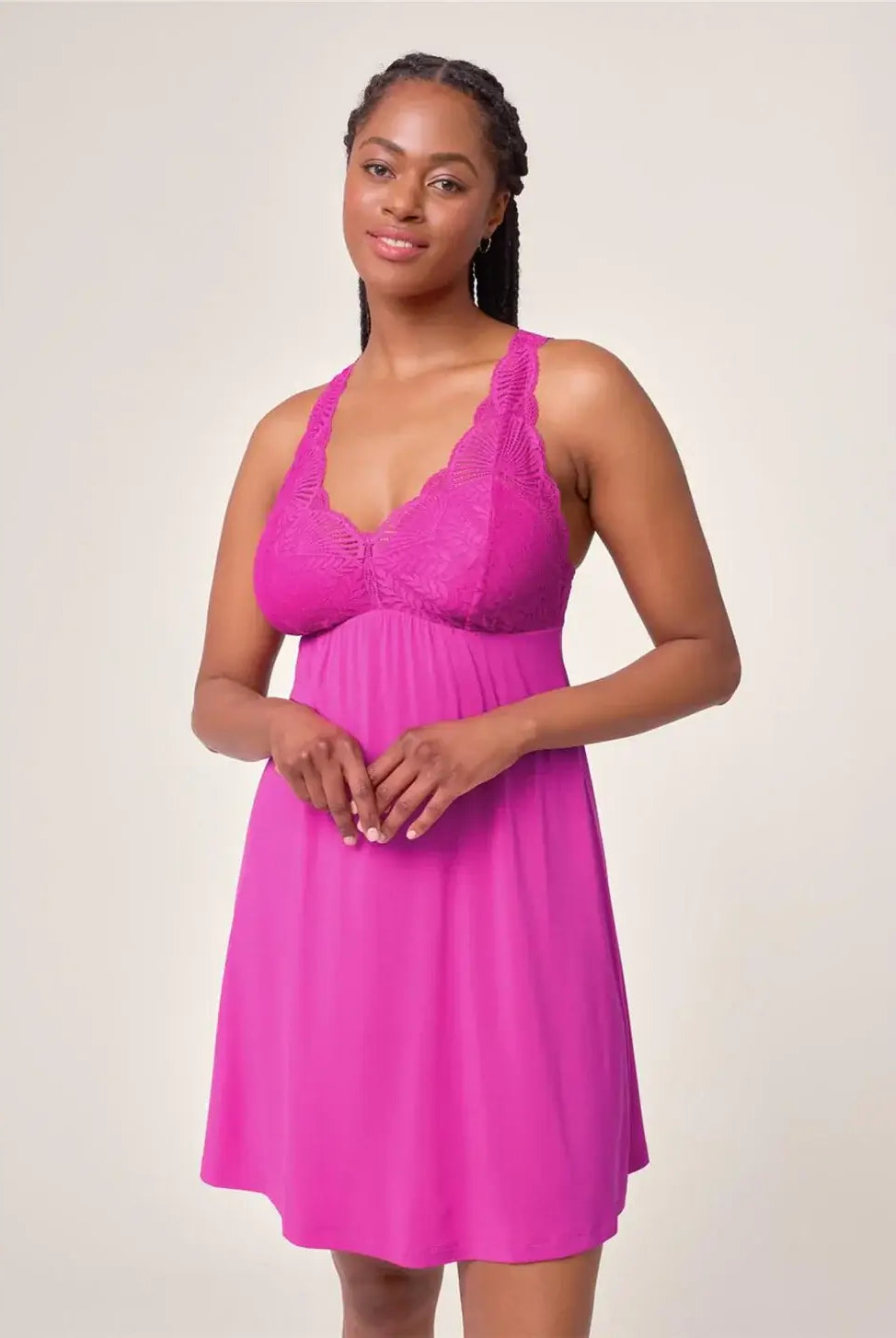 Fleurt by Montelle Belle Époque Full Chemise in Passion Fruit Pink. Shown on model against light background in a Full Length profile