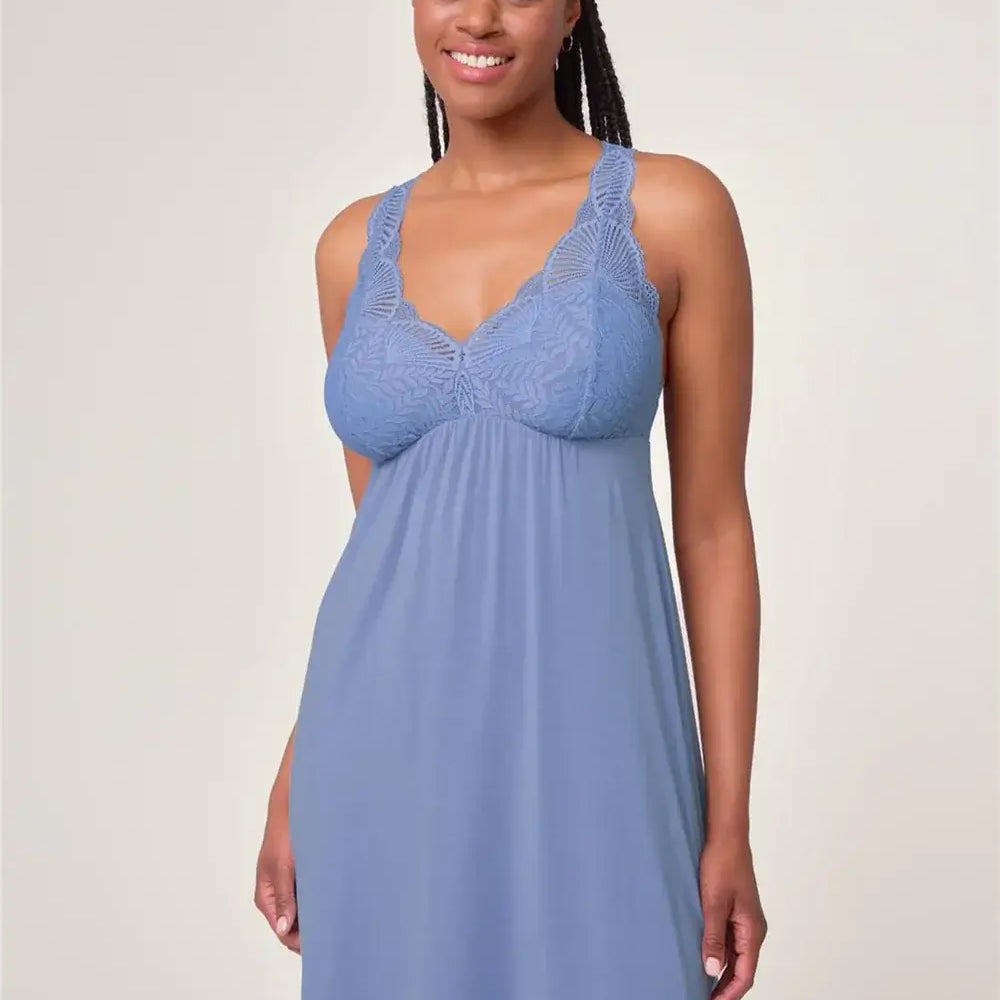 Fleurt by Montelle Belle Époque Full Chemise in Denim Blue. Shown on model against light background in a Full Length profile