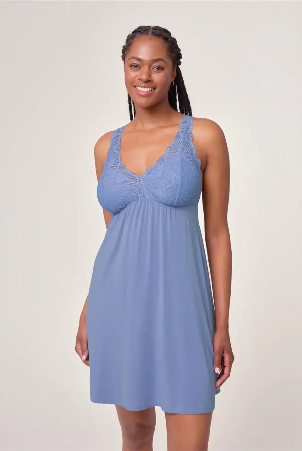 Fleurt by Montelle Belle Époque Full Chemise in Denim Blue. Shown on model against light background in a Full Length profile