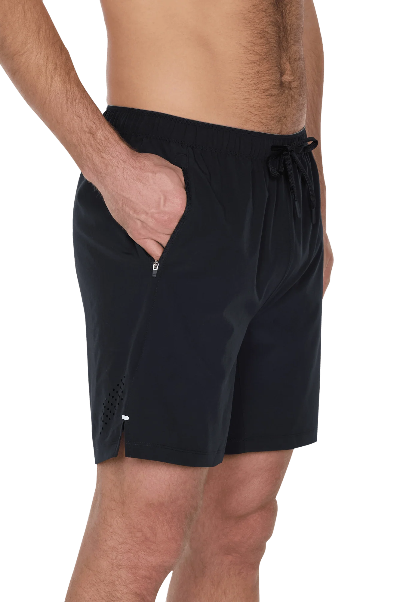 Man wearing Power Moves 2N1 Short 7 in black, showcasing side pocket and lightweight design.
