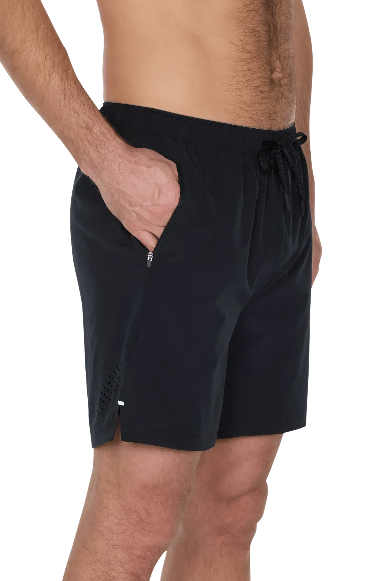 Man wearing Power Moves 2N1 Short 7 in black, showcasing side pocket and lightweight design.