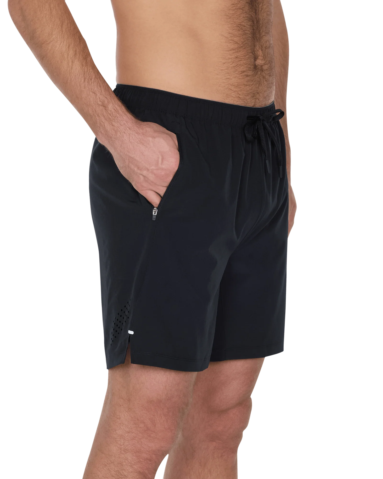 Man wearing Power Moves 2N1 Short 7 in black, showcasing side pocket and lightweight design.