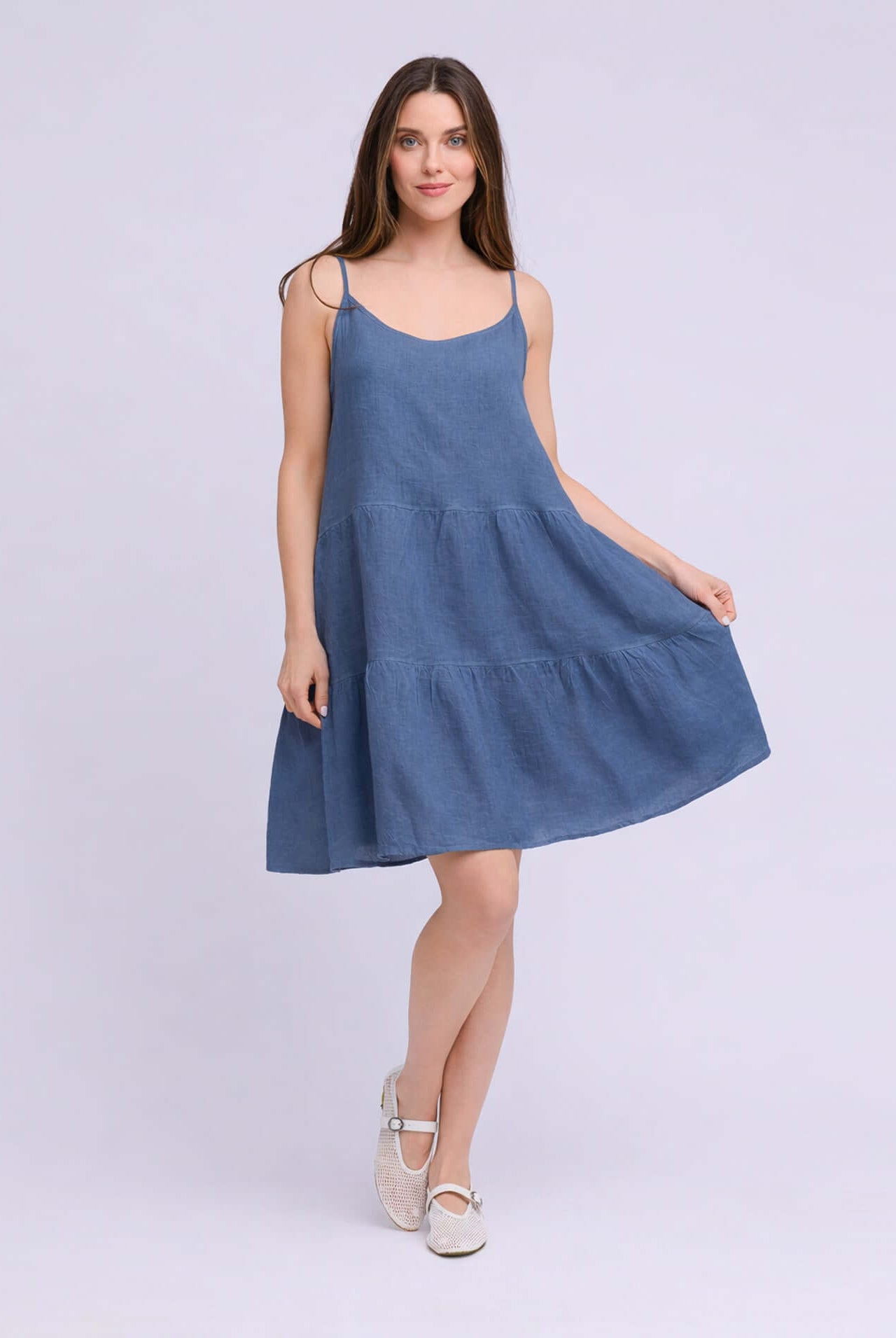 YOGA JEANS Isabella Linen Spaghetti Strap Dress in a stylish blue color, perfect for sustainable fashion.