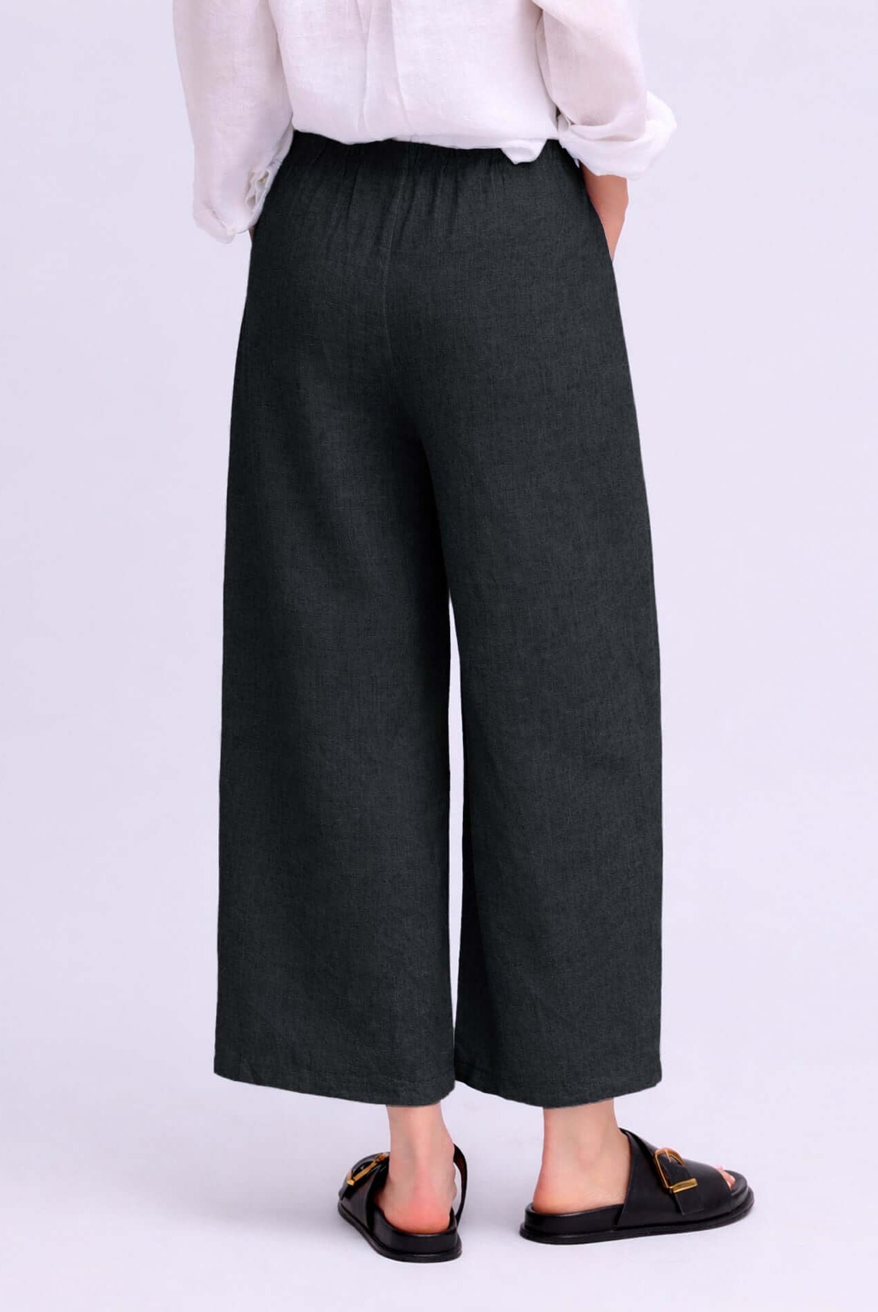YOGA JEANS Sofia Linen Wide Leg Pant in dark color, showcasing the back view and relaxed fit for comfort and style.