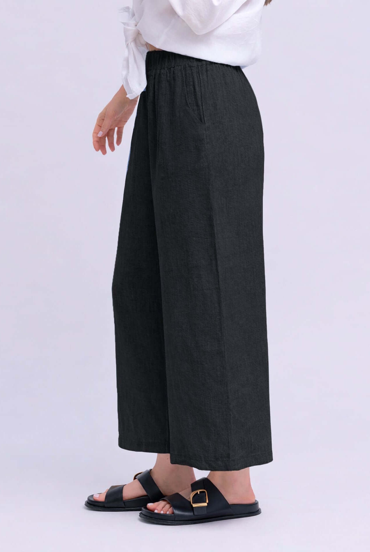 YOGA JEANS Sofia Linen Wide Leg Pant shown in side view, featuring a relaxed fit and elastic waist.