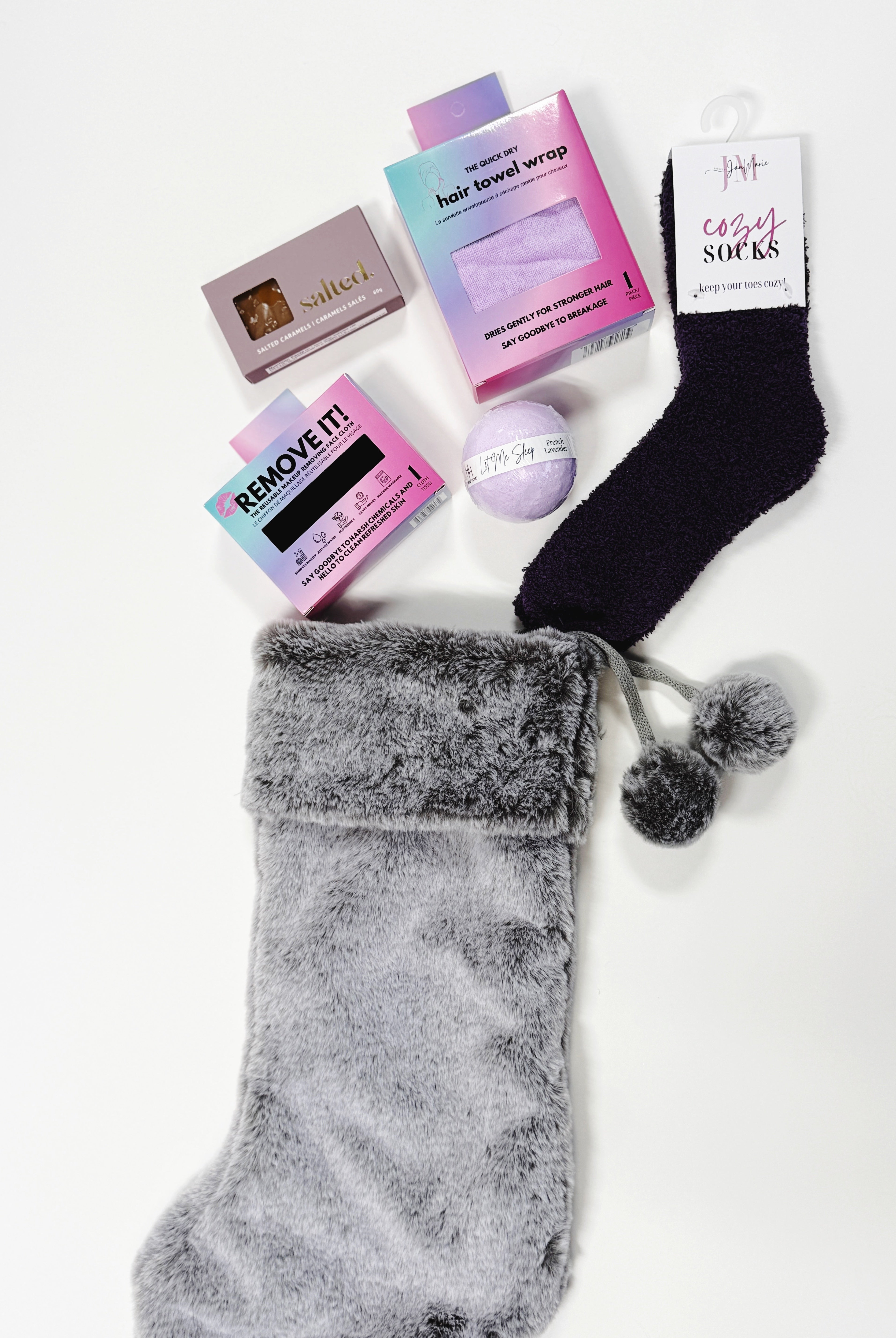 Spa In A Stocking Gift Set with luxurious pampering products and cozy socks for a mini self-care retreat.
