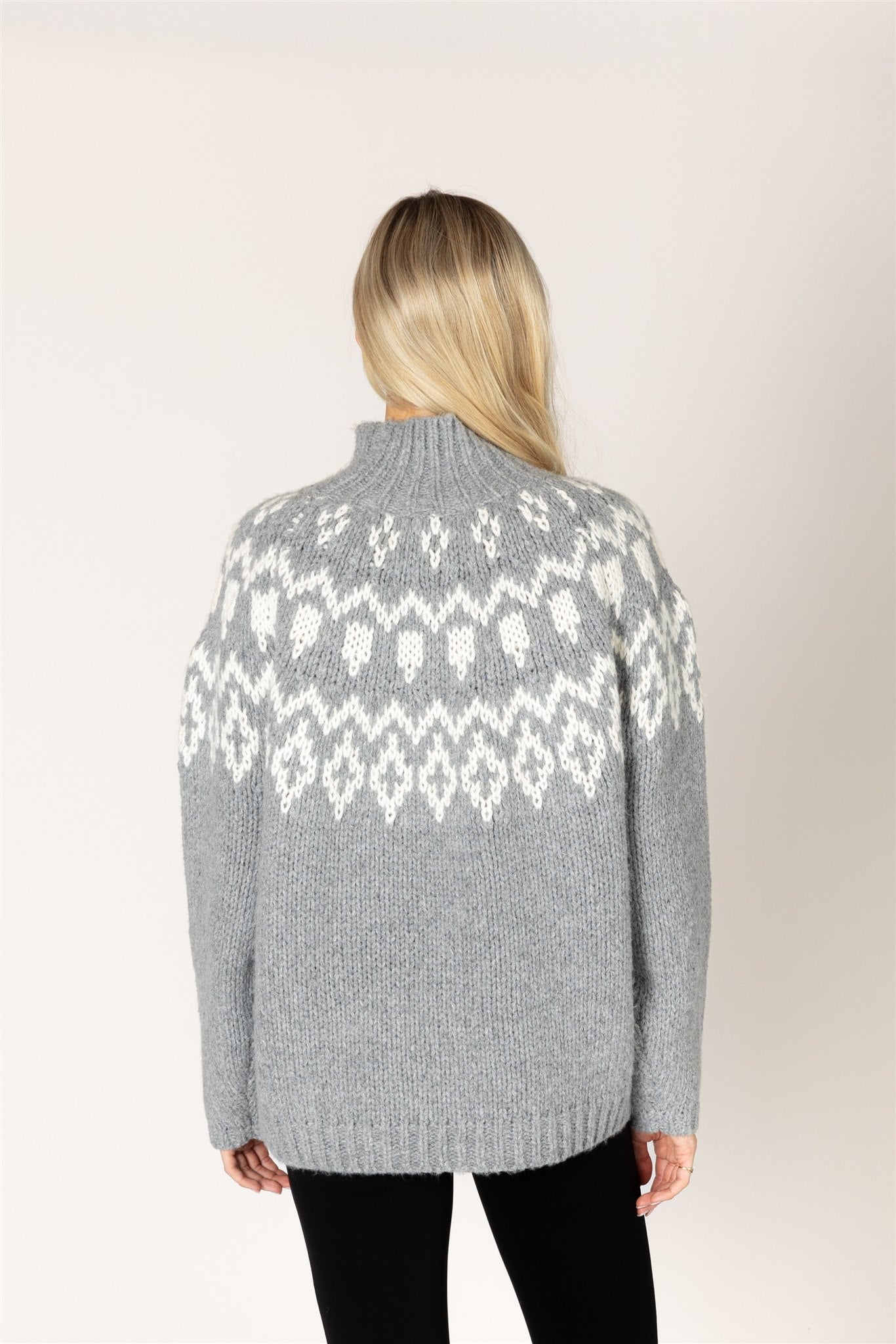Lyla & Luxe Aggie Fair Isle Mock Neck Sweater Cashmere Snow back view — Cloud Nine Pajamas