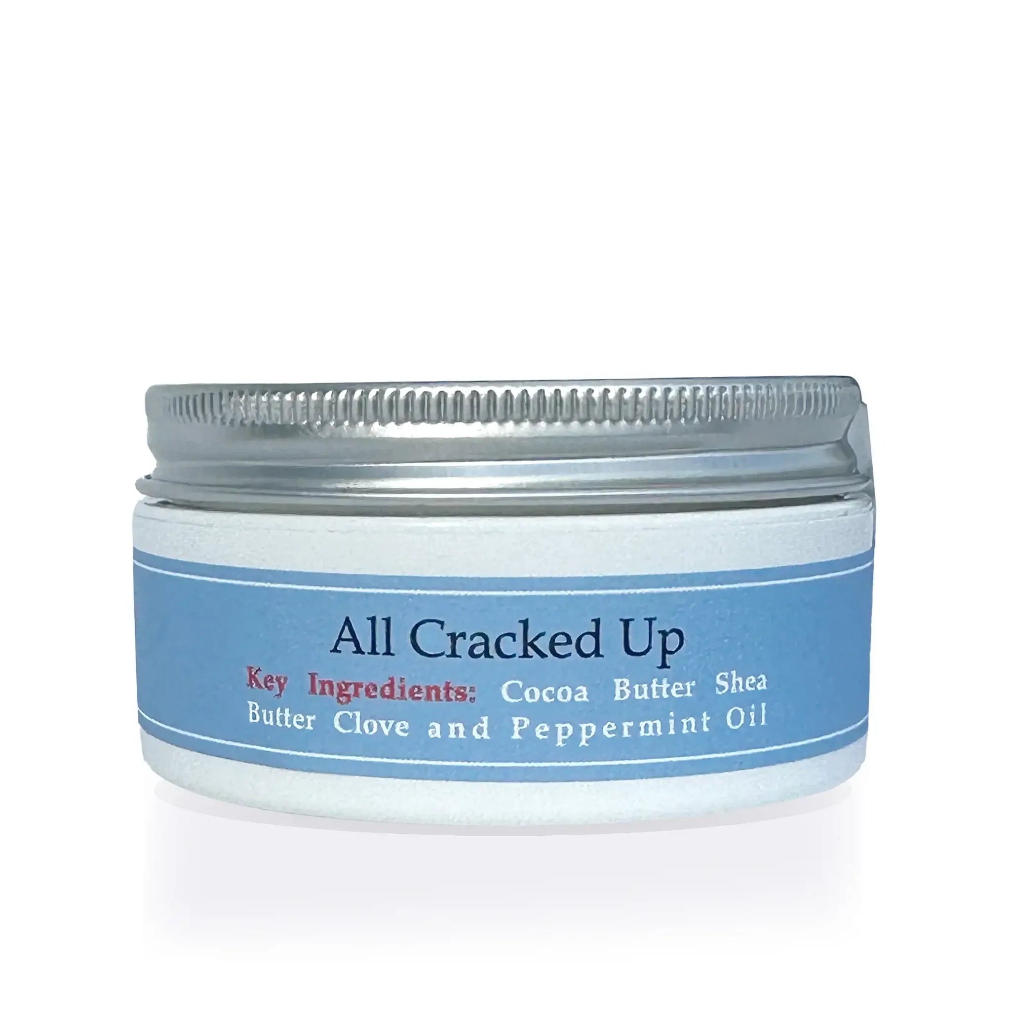All Cracked Up Foot Balm in a jar, featuring Cocoa Butter, Shea Butter, Clove, and Peppermint Oil.