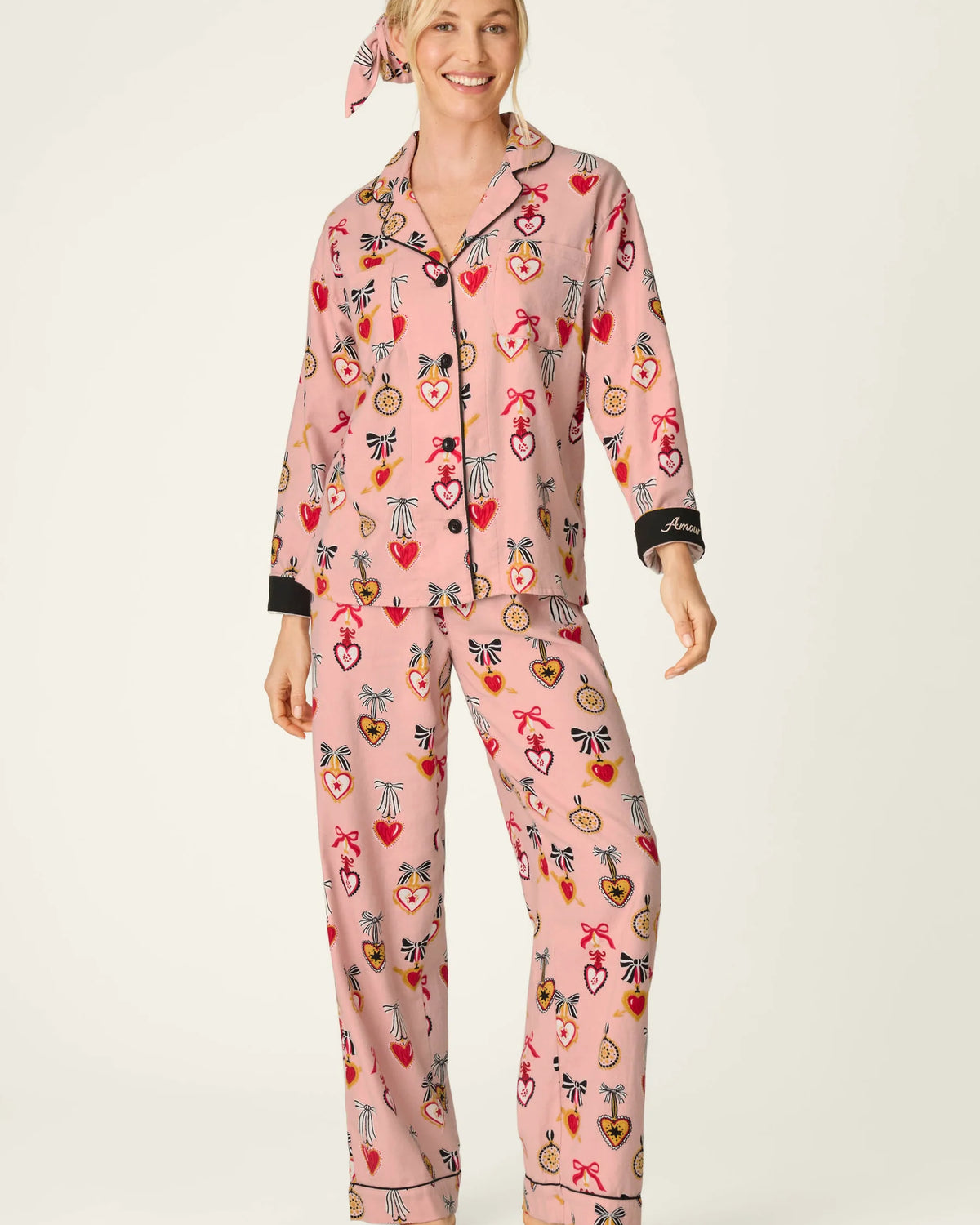 PJ Salvage Amour Love Lockets 3-Piece Flannel PJ Set Iced Rose front view on model — Cloud Nine Pajamas Edmonton