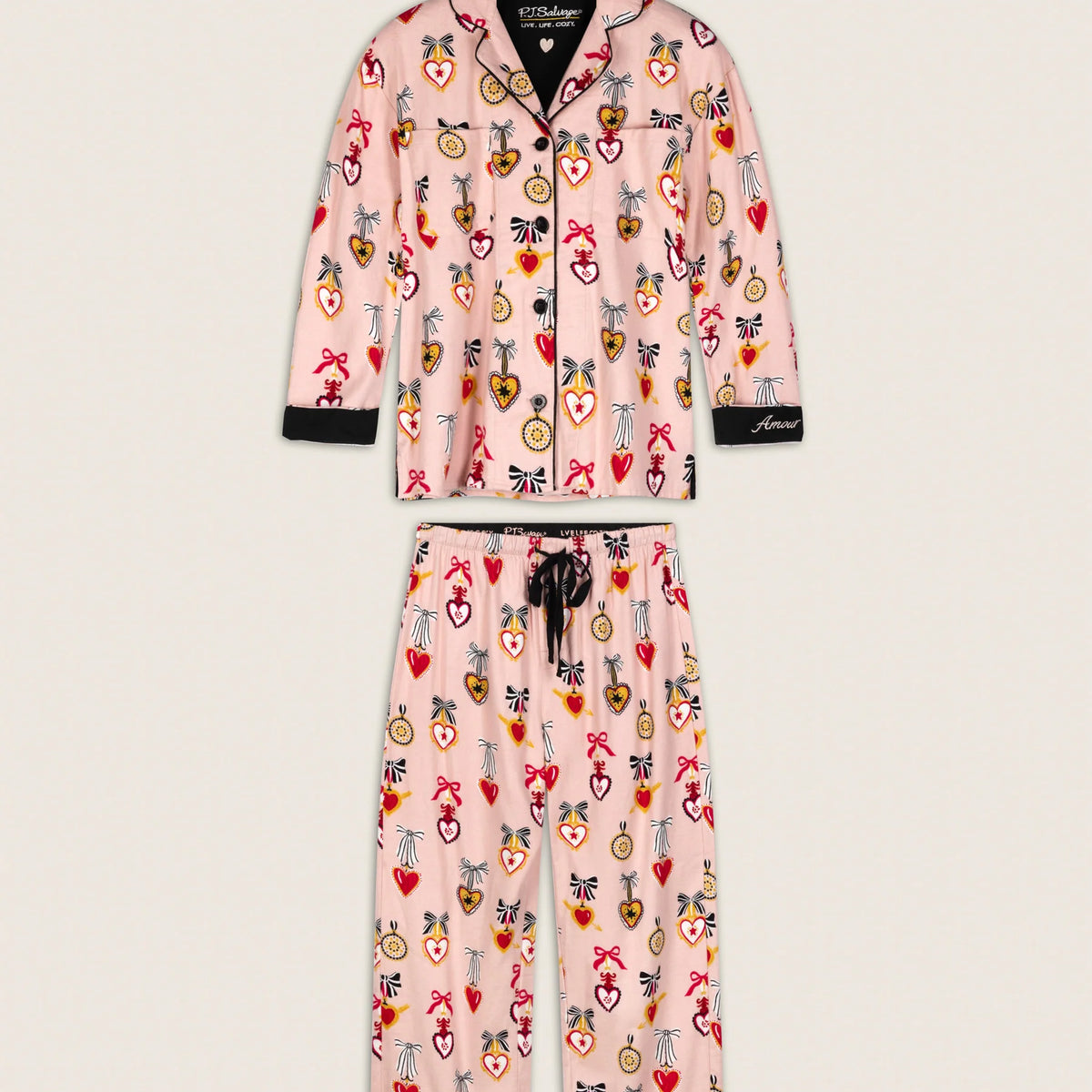 PJ Salvage Amour Flannel PJ Set full set layout with hair wrap — Cloud Nine Pajamas Edmonton