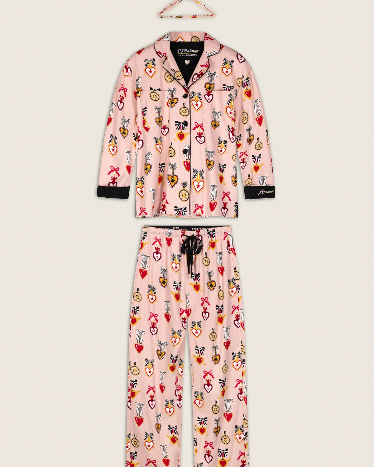 PJ Salvage Amour Flannel PJ Set full set layout with hair wrap — Cloud Nine Pajamas Edmonton