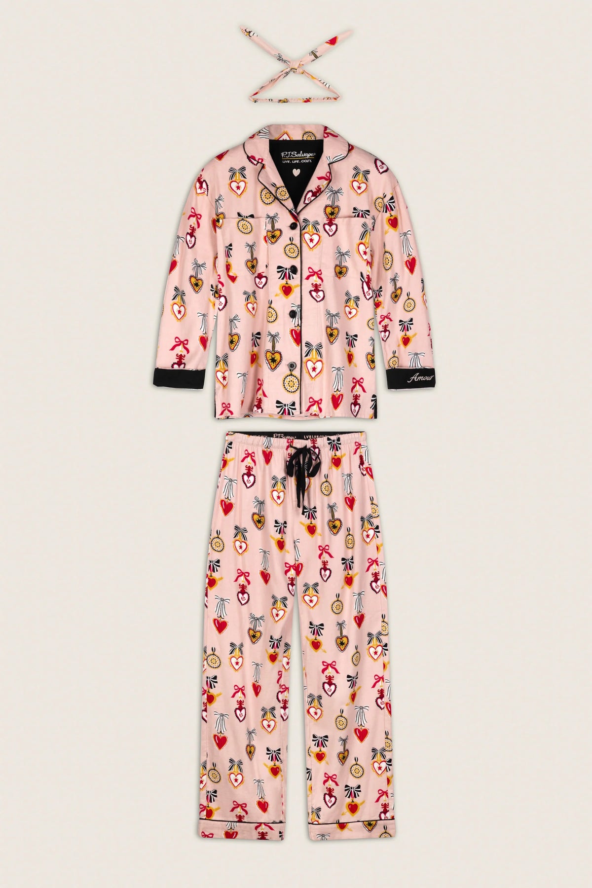 PJ Salvage Amour Flannel PJ Set full set layout with hair wrap — Cloud Nine Pajamas Edmonton