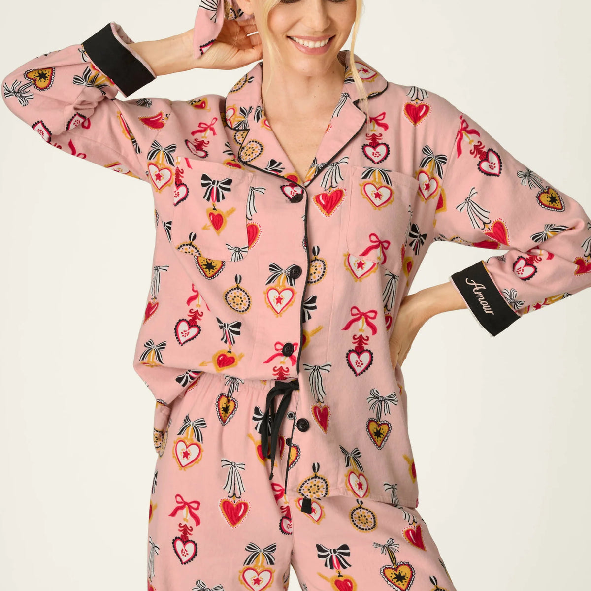 PJ Salvage Amour Flannel PJ Set heart locket charm bow print close-up — Cloud Nine Pajamas