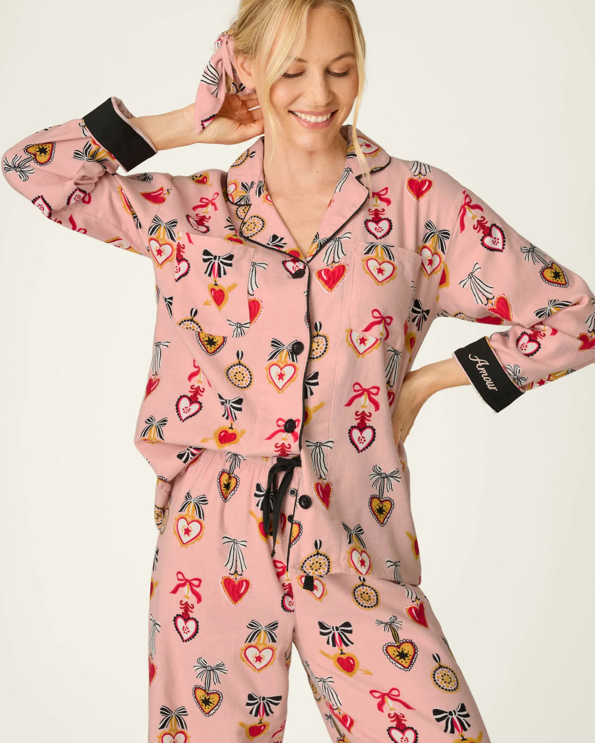 PJ Salvage Amour Flannel PJ Set heart locket charm bow print close-up — Cloud Nine Pajamas