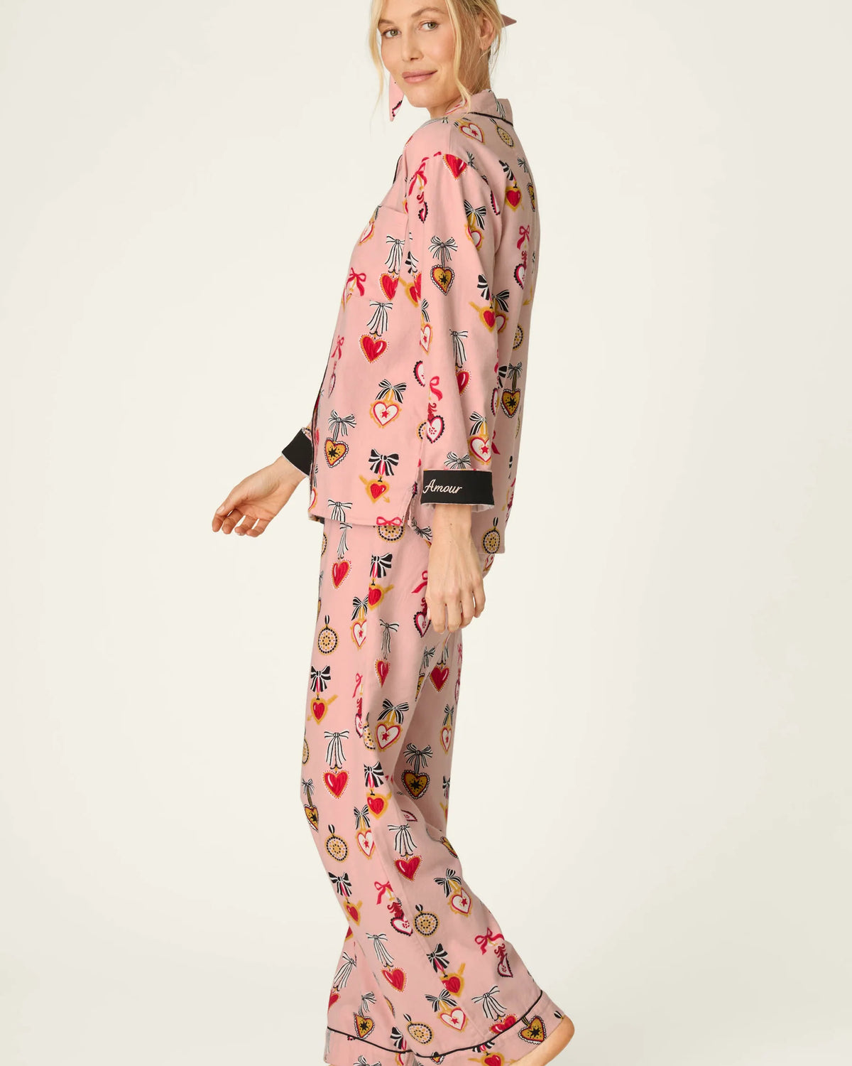 PJ Salvage Amour Flannel PJ Set model full length side view — Cloud Nine Pajamas Edmonton