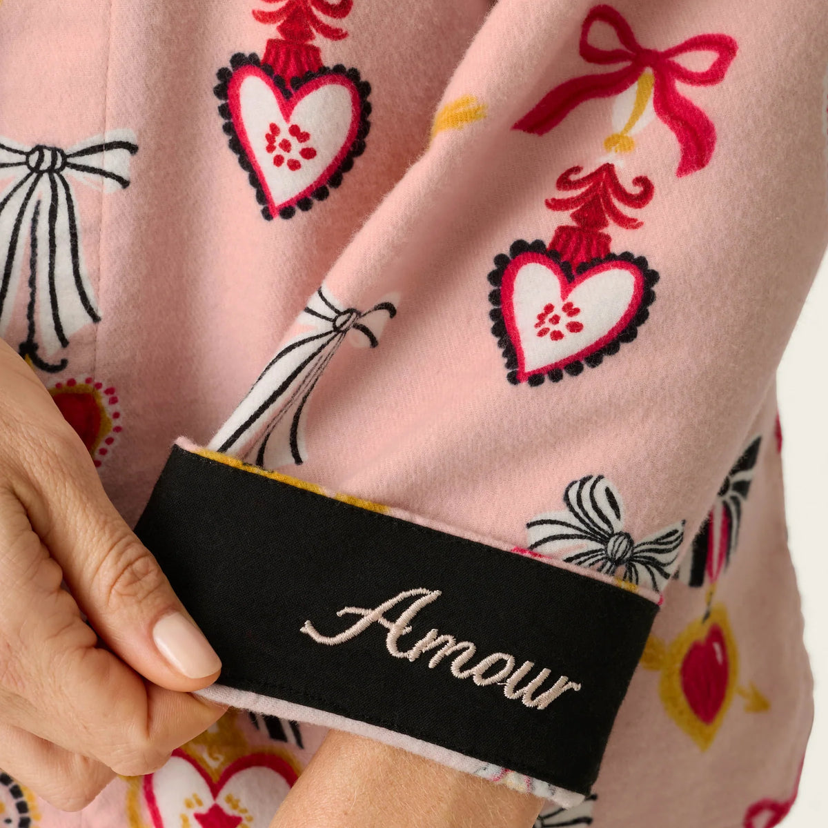PJ Salvage Amour Flannel PJ Set Amour embroidered contrast cuff detail — Cloud Nine Pajamas