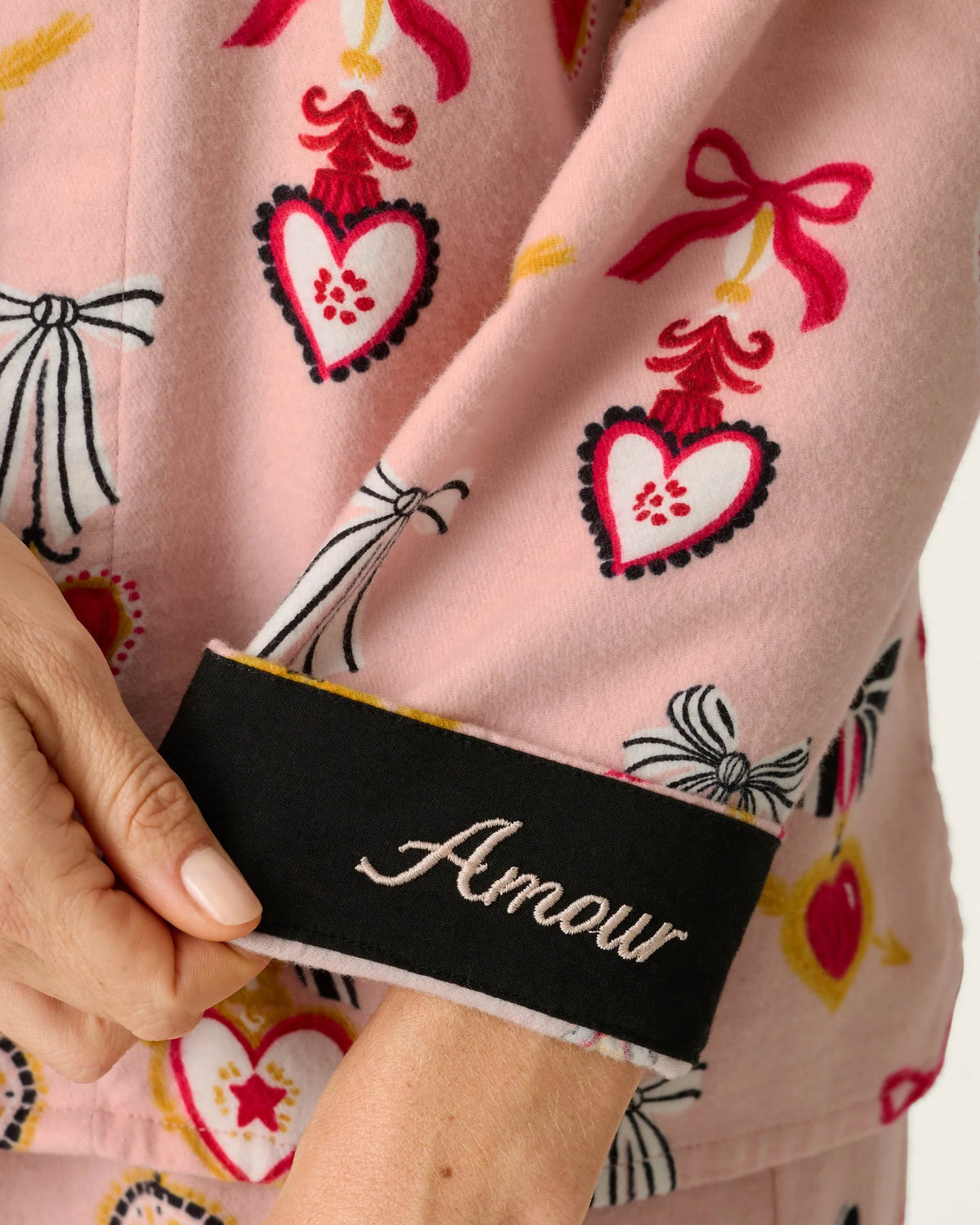 PJ Salvage Amour Flannel PJ Set Amour embroidered contrast cuff detail — Cloud Nine Pajamas