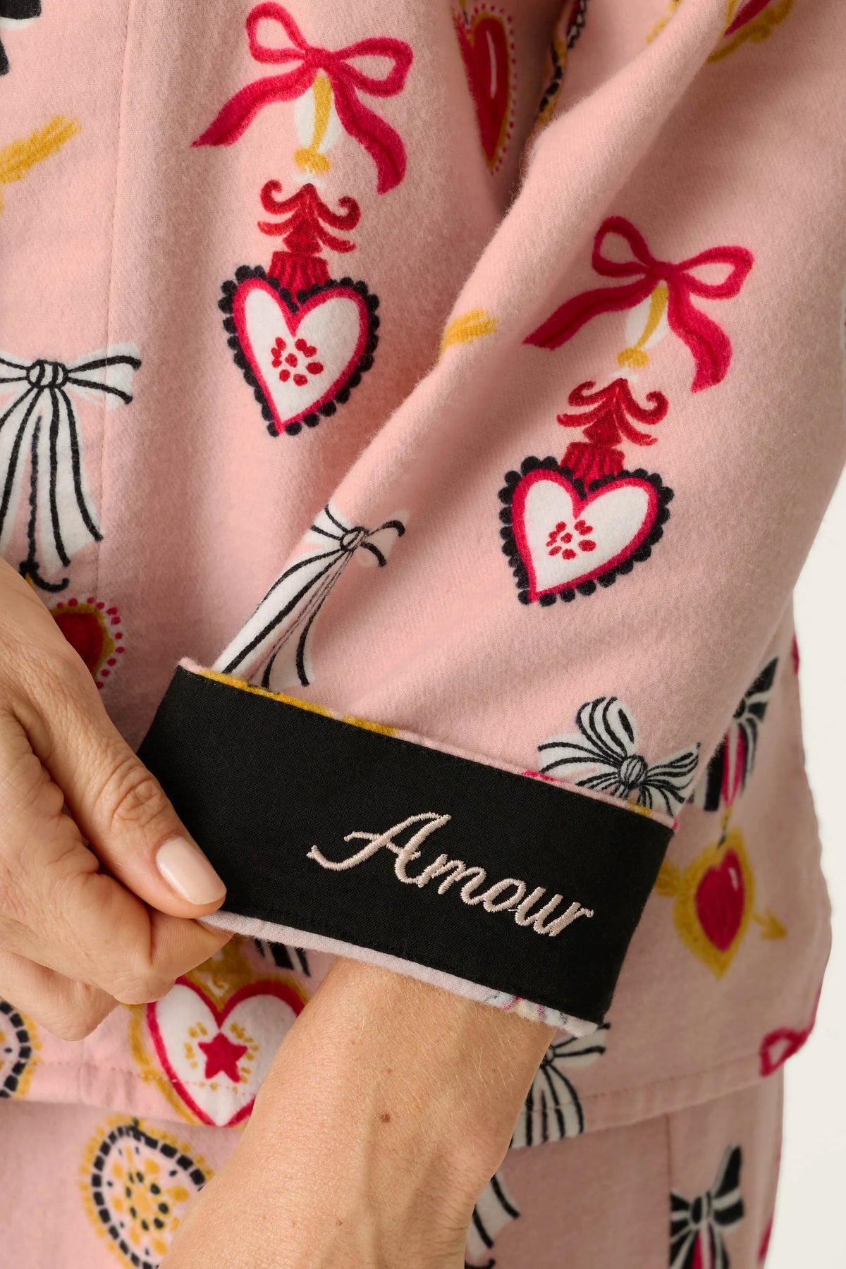 PJ Salvage Amour Flannel PJ Set Amour embroidered contrast cuff detail — Cloud Nine Pajamas