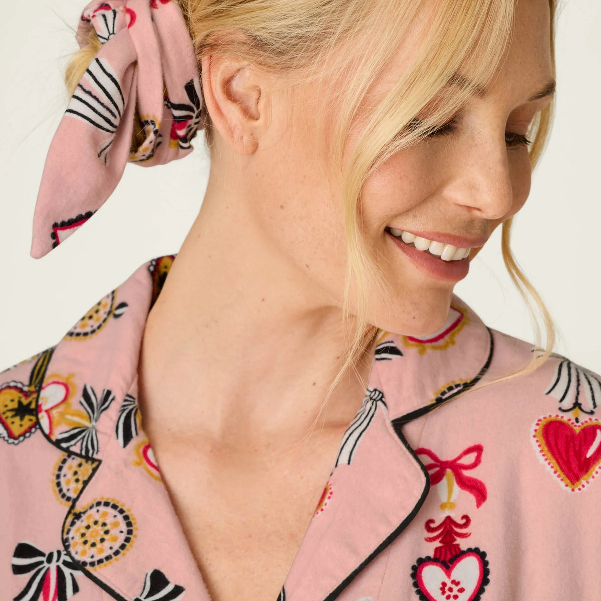 PJ Salvage Amour Flannel PJ Set heart locket charm bow print close-up of hair wrap — Cloud Nine Pajamas
