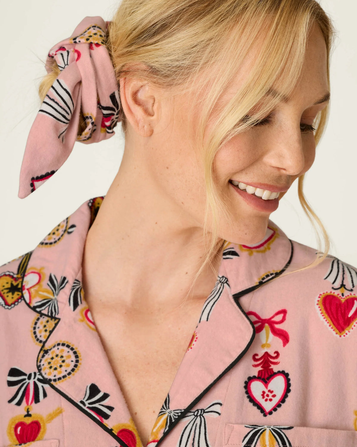 PJ Salvage Amour Flannel PJ Set heart locket charm bow print close-up of hair wrap — Cloud Nine Pajamas