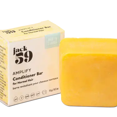 Jack59 Travel Buddies Conditioner Bar packaging and solid yellow bar for normal hair.