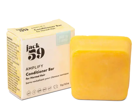 Jack59 Travel Buddies Conditioner Bar packaging and solid yellow bar for normal hair.
