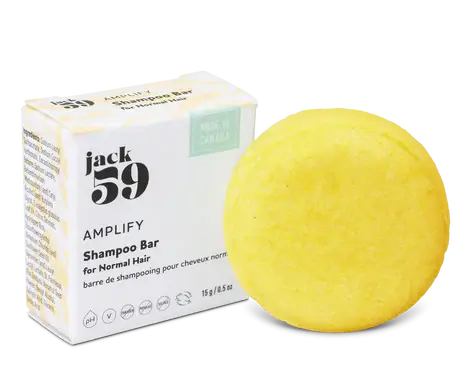 Jack59 Travel Buddies Shampoo Bar in bright yellow for normal hair, designed for travel convenience.