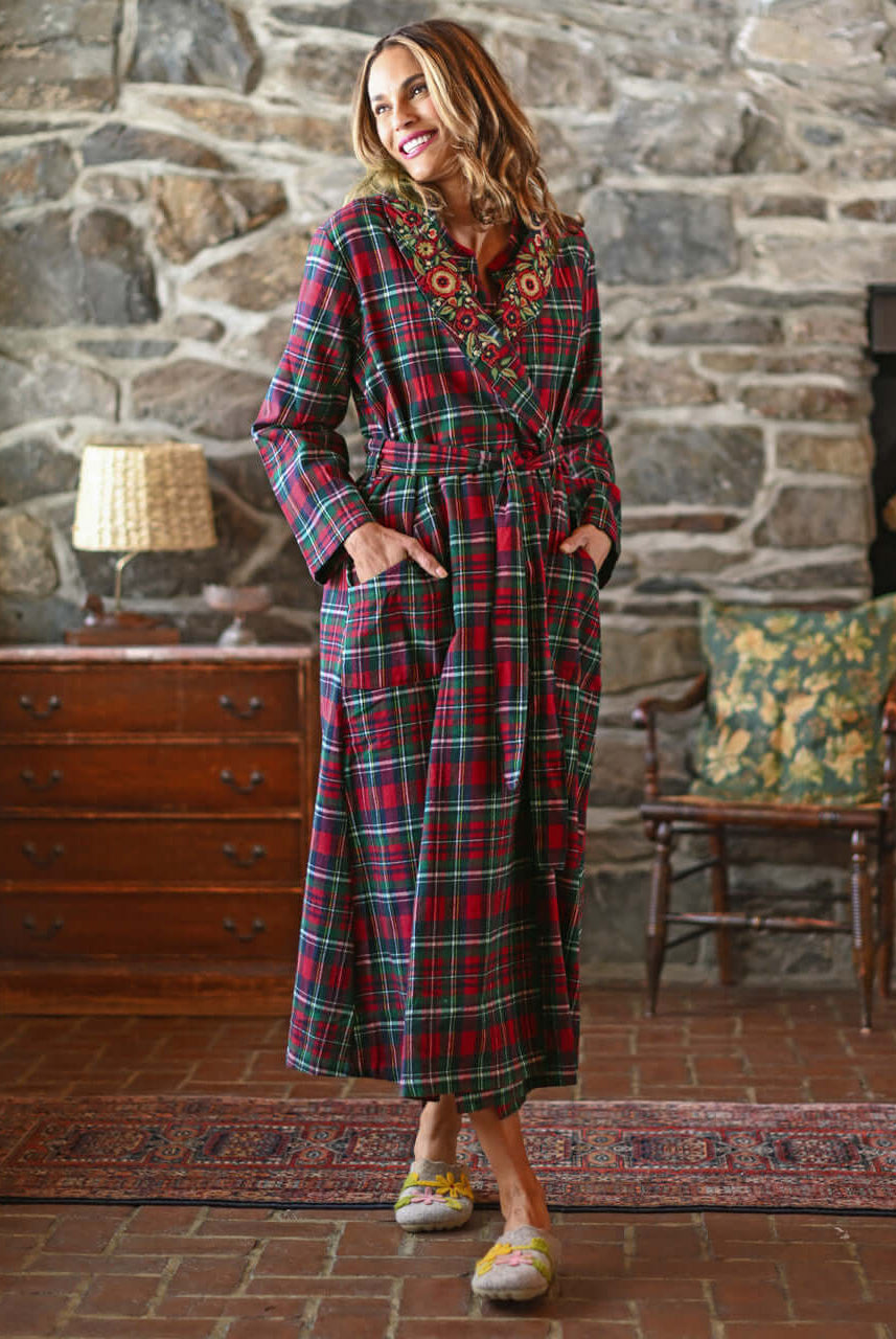 women's red plaid robe with embroidery for holiday by April Cornell