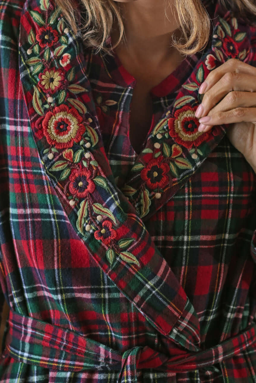 Yuletide Check Dressing Gown from April Cornell featuring floral embroidery on a red plaid flannel robe.