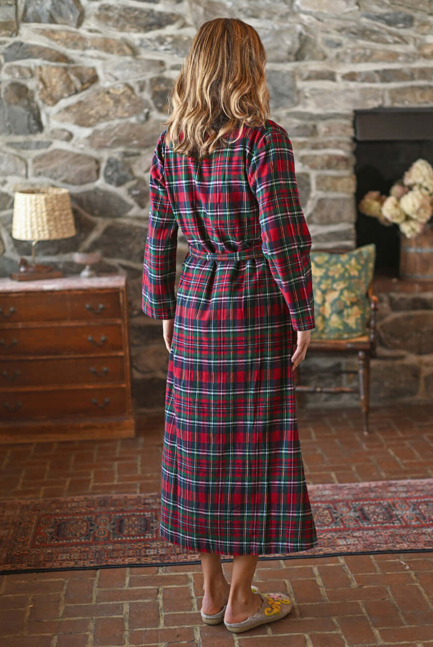 women's yuletide ong red plaid robe with embroidery for holiday by April Cornell
