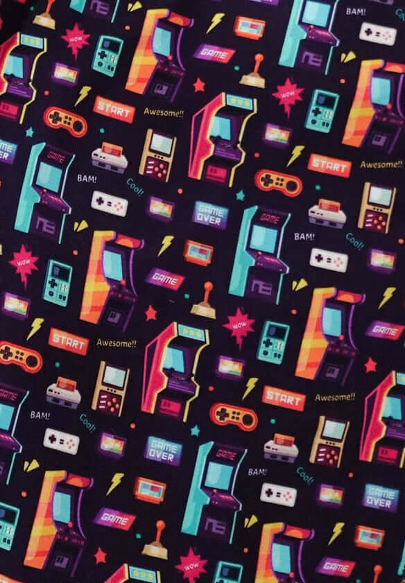 Colorful pattern featuring arcade machines and video game controllers, inspired by Arcade After Dark Unisex Bamboo Jogger.