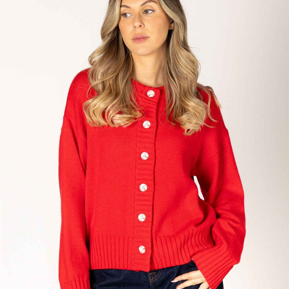 Lyla & Luxe Beau Women's Ribbed Essentials Cardigan in Poppy Red
